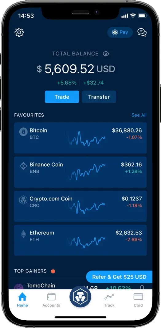 Mobile phone screen displaying total balance with Crypto.com App